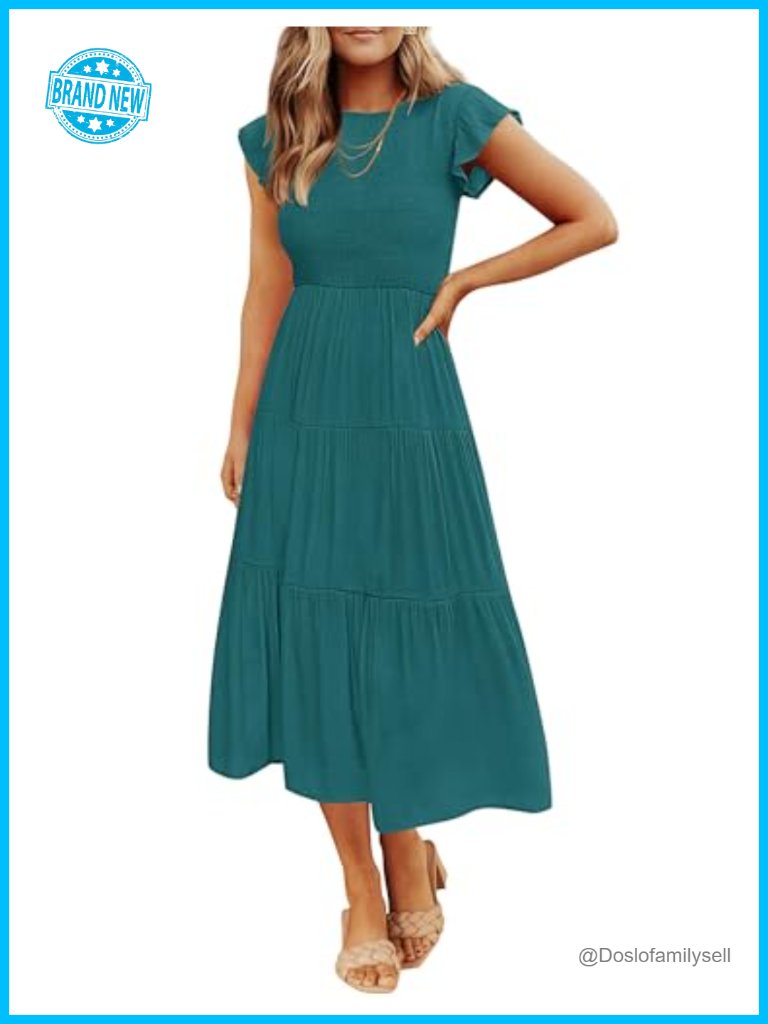 Flutter Short Sleeve Crew Neck Smocked Elastic Waist Tiered Midi Dress